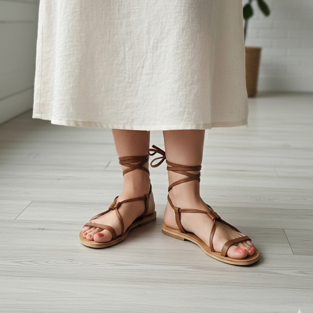 Made In GREECE Brown Leather Gladiador  Lace-Up Sandals‎ Size 36